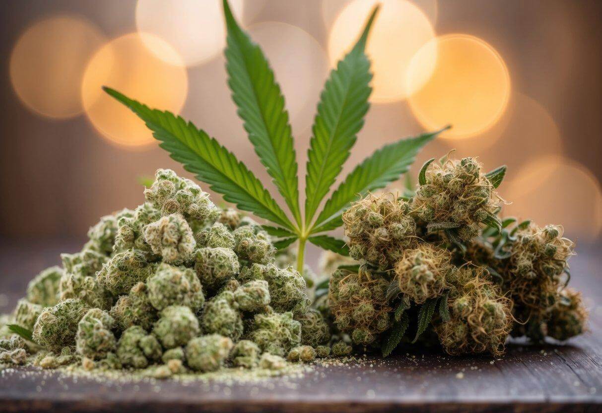 A pile of cannabis shake sits next to a cluster of buds, showcasing the difference in potency between the two forms of marijuana