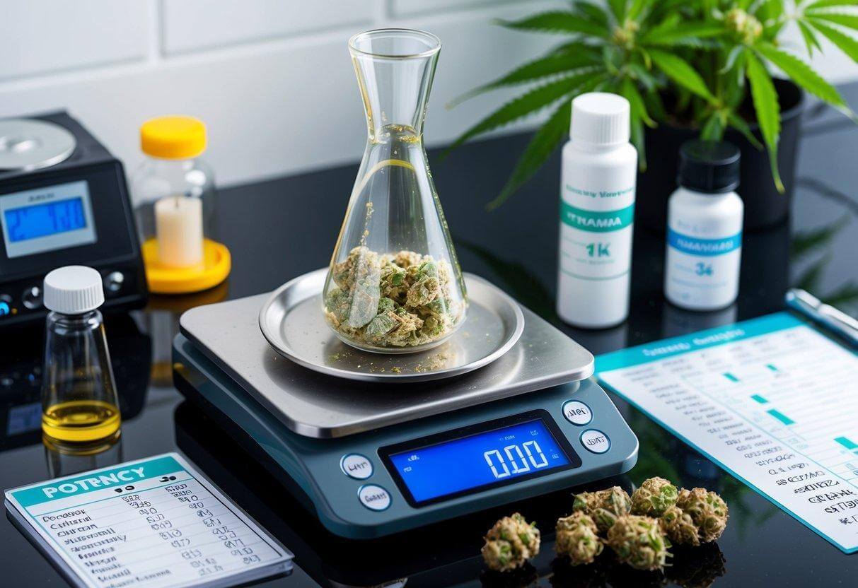 A scale with cannabis shake on one side and buds on the other, surrounded by testing equipment and a chart showing potency levels